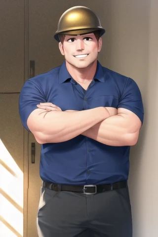 हाथों को क्रॉस करना, हेलमेट, हंसी, मांसपेशीय, महाकाव्य, दिन का समय, मध्यवयस्क पुरुष, काम के कपड़े